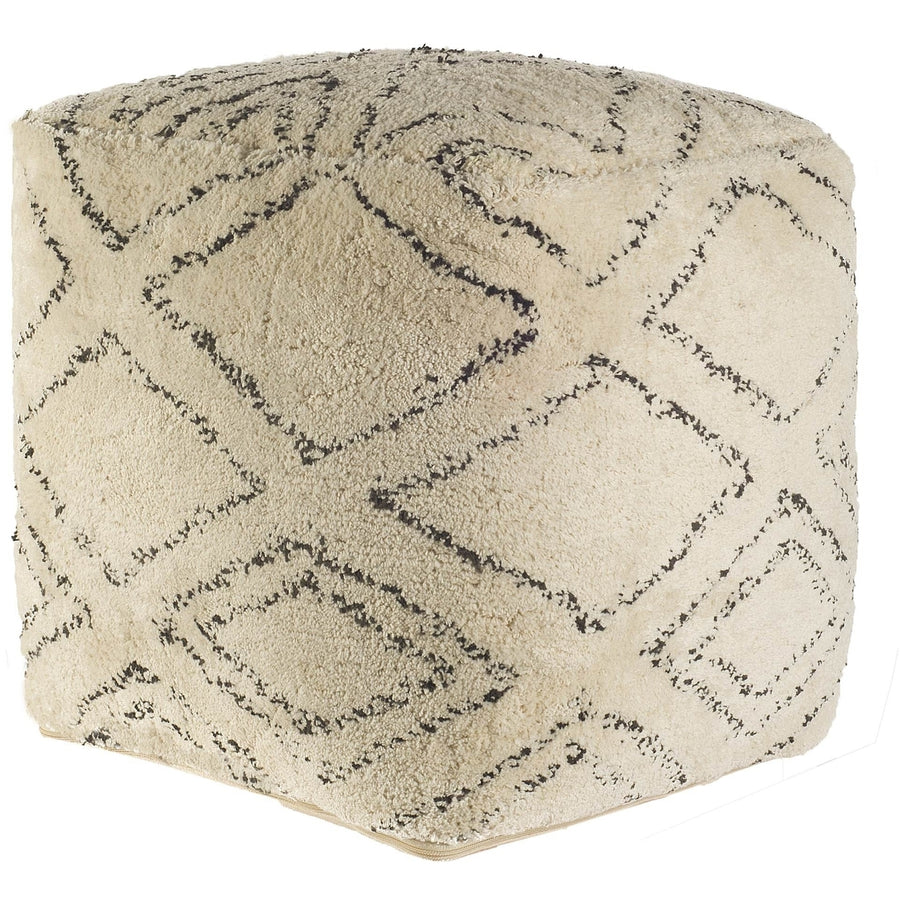 Beige Cotton Square Pouf With Argyle Pattern Image 1