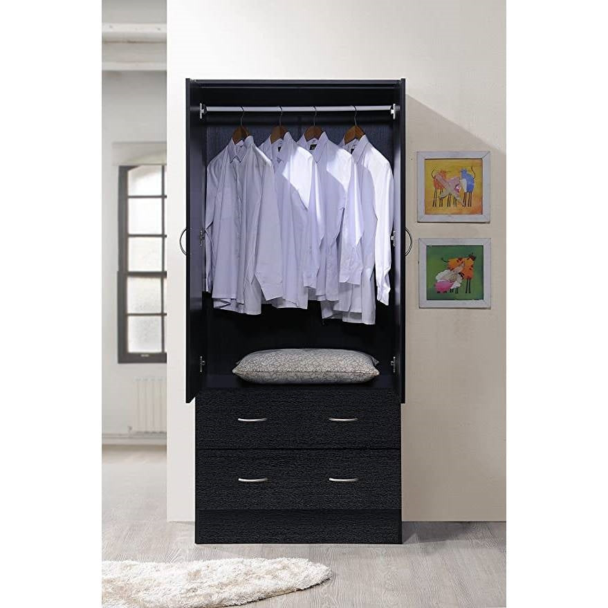 Black 2 Door Wardrobe Armoire with 2 Drawers and Hanging Rod Storage Image 2