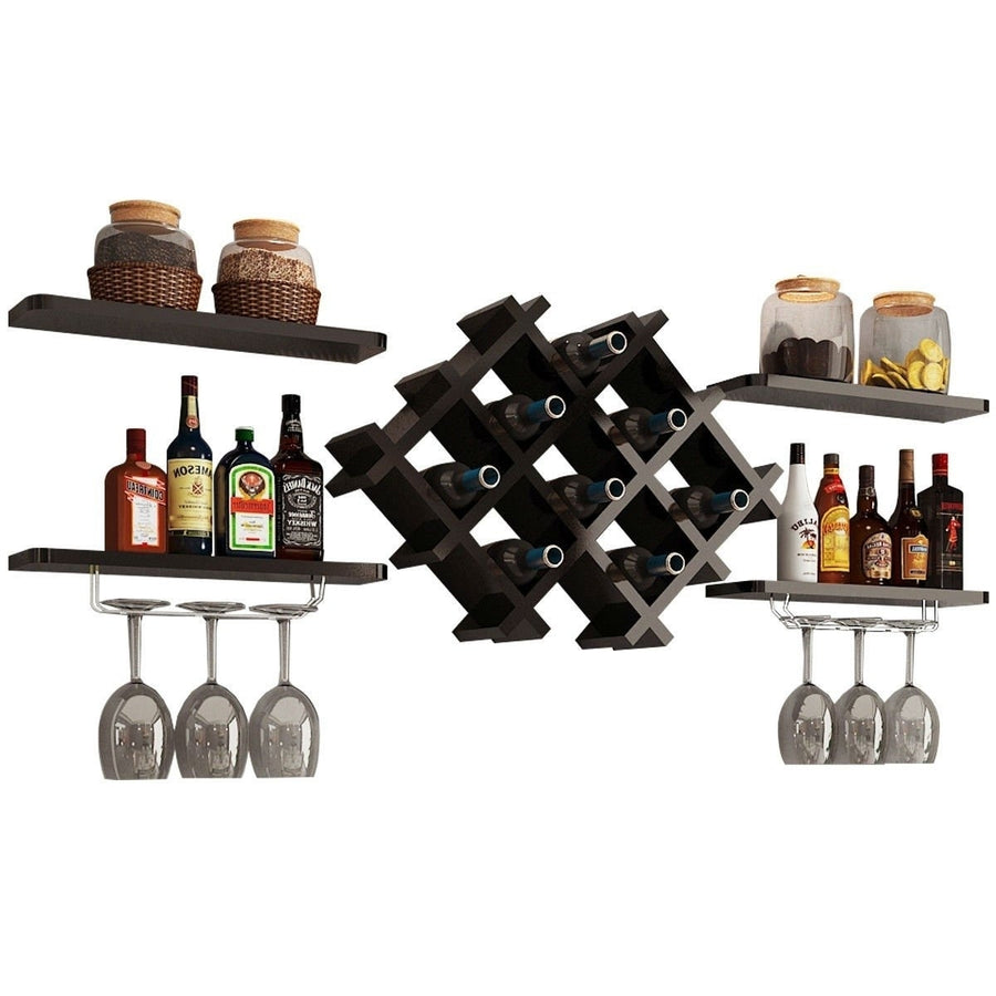 Black 5 Piece Wall Mounted Wine Rack Set with Storage Shelves Image 1