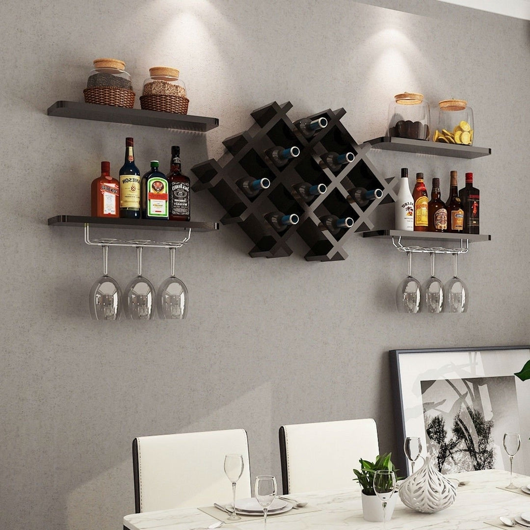 Black 5 Piece Wall Mounted Wine Rack Set with Storage Shelves Image 3