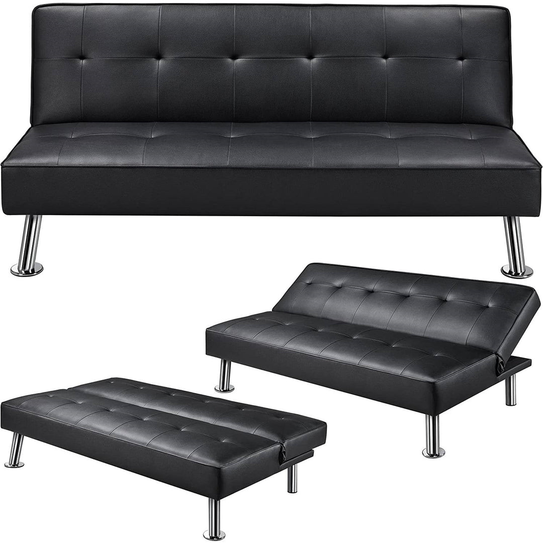 Black Faux Leather Click Clack Adjustable Futon Sleeper Sofa Image 1