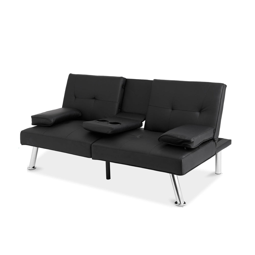 Black Faux Leather Convertible Sofa Futon with 2 Cup Holders Image 2