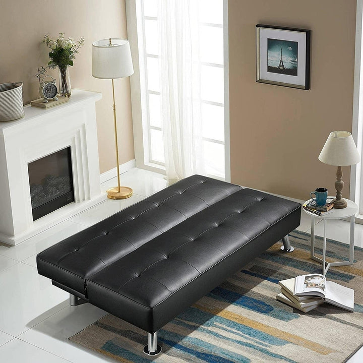 Black Faux Leather Click Clack Adjustable Futon Sleeper Sofa Image 4