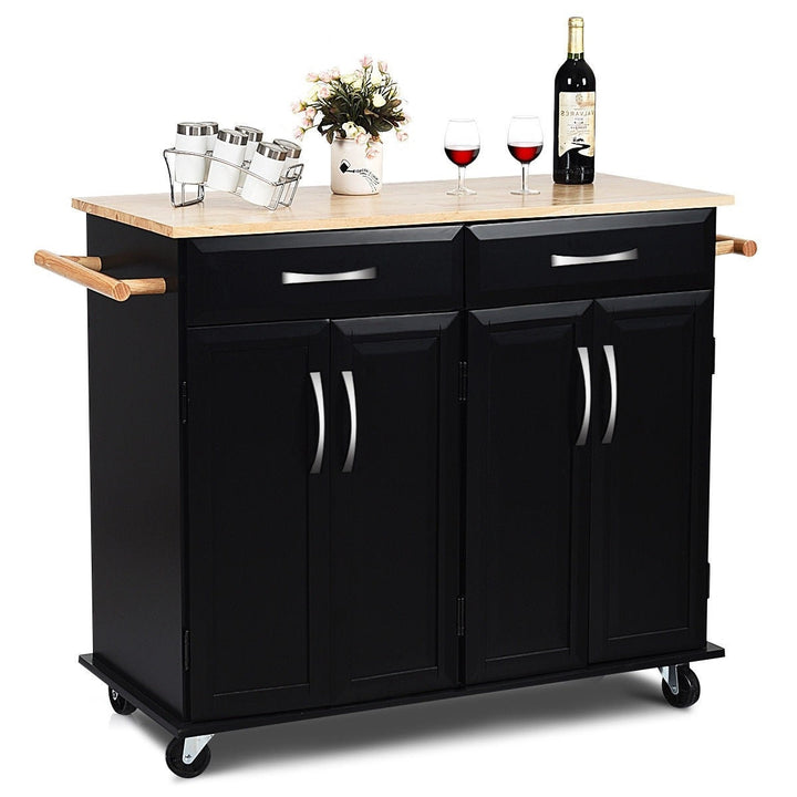 Black Kitchen Island Storage Cabinet Cart with Wood Top and Wheels Image 1