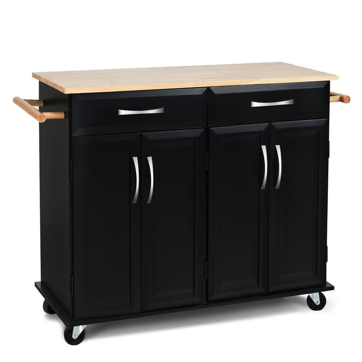 Black Kitchen Island Storage Cabinet Cart with Wood Top and Wheels Image 3