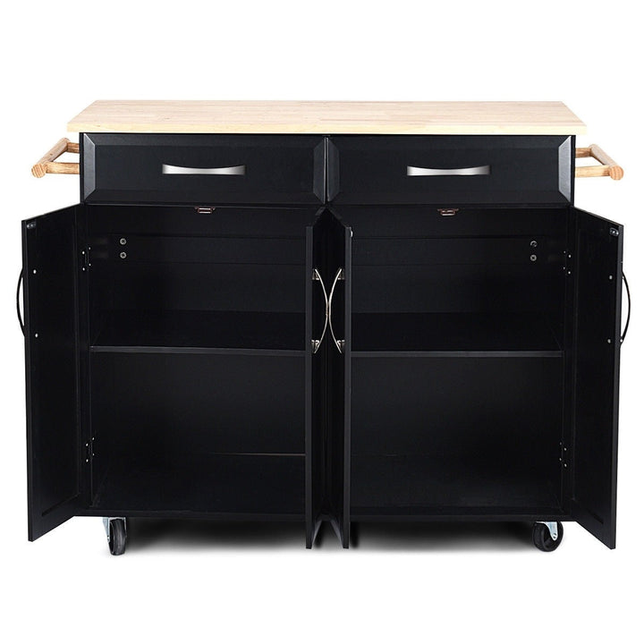 Black Kitchen Island Storage Cabinet Cart with Wood Top and Wheels Image 4