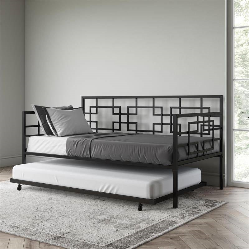 Black Metal Daybed Frame with Twin Pull-Out Trundle Bed Image 4