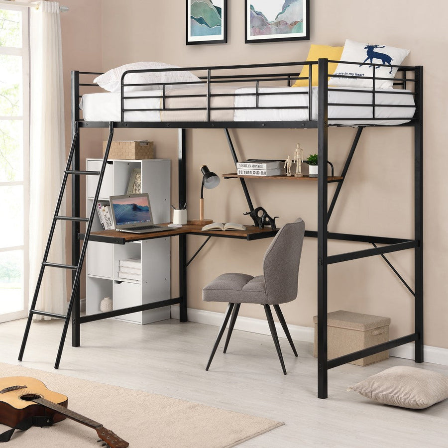 Black Metal Loft Bed with L Shaped Desk and Shelf Image 1