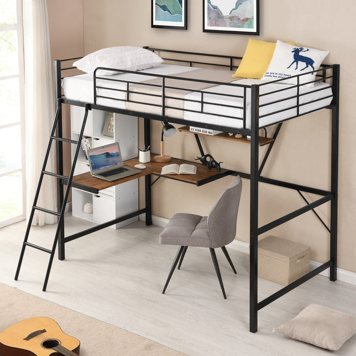 Black Metal Loft Bed with L Shaped Desk and Shelf Image 2