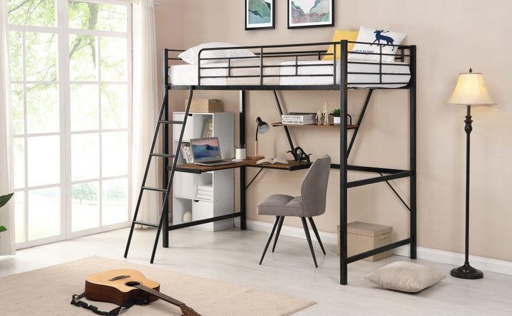 Black Metal Loft Bed with L Shaped Desk and Shelf Image 3