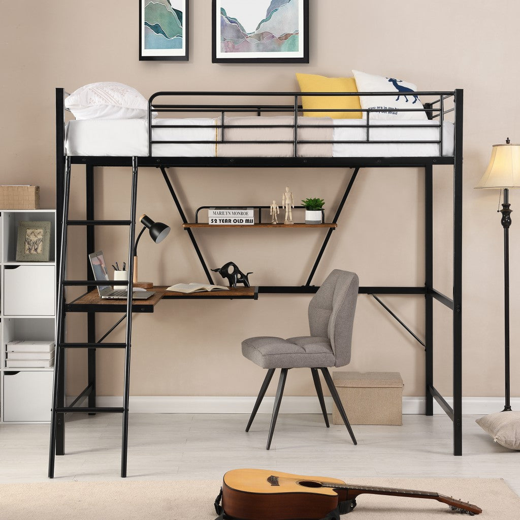 Black Metal Loft Bed with L Shaped Desk and Shelf Image 4