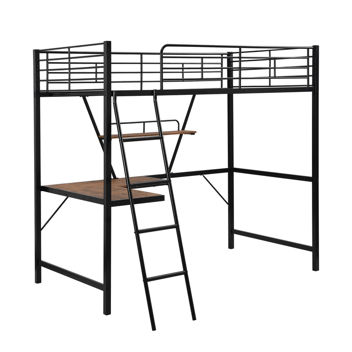 Black Metal Loft Bed with L Shaped Desk and Shelf Image 5