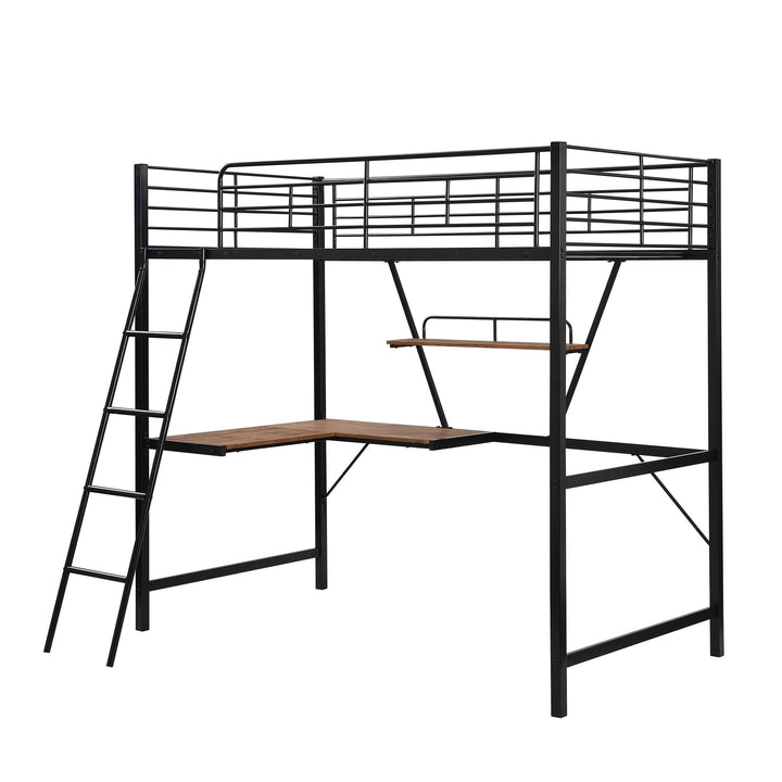 Black Metal Loft Bed with L Shaped Desk and Shelf Image 6