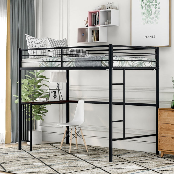 Black Metal Twin Size Loft Bed with Desk Image 1