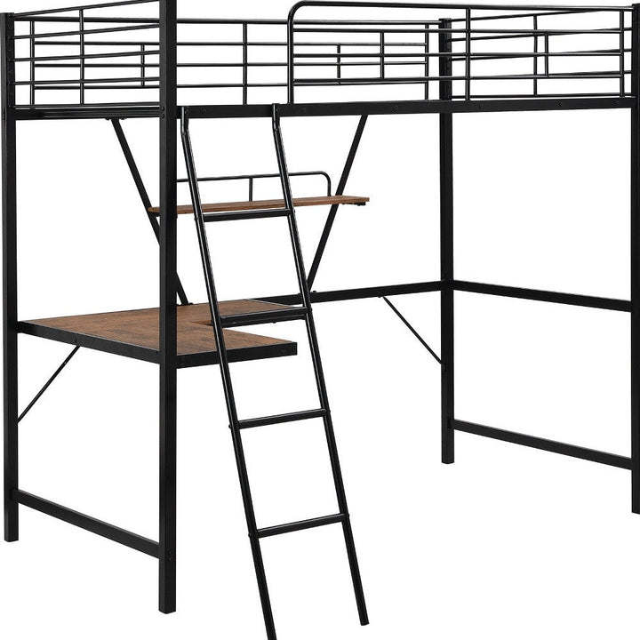 Black Metal Loft Bed with L Shaped Desk and Shelf Image 12