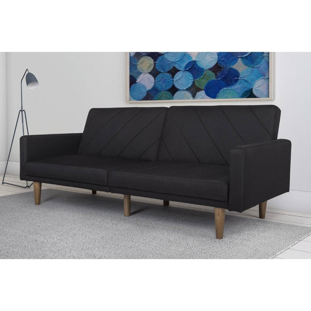 Black Mid-Century Modern Linen Upholstered Sofa Bed with Classic Wood Legs Image 3