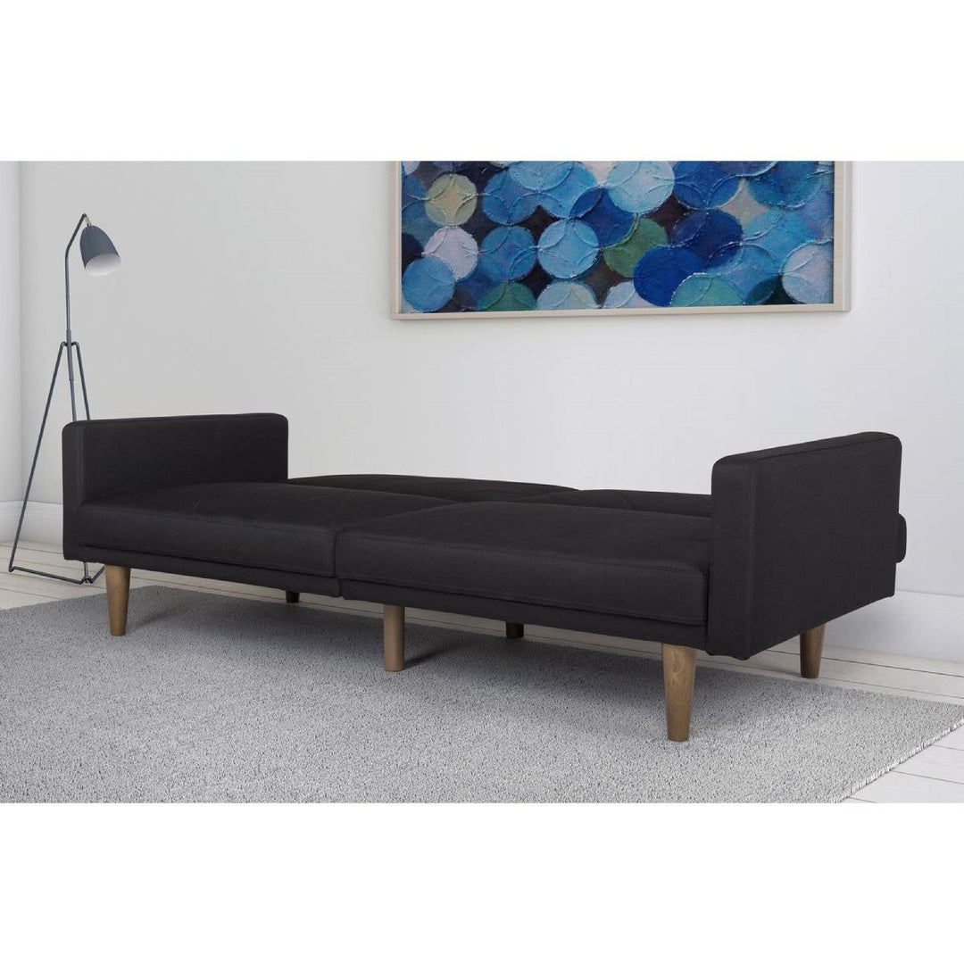 Black Mid-Century Modern Linen Upholstered Sofa Bed with Classic Wood Legs Image 4