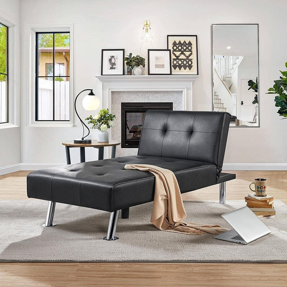 Black Modern Faux Leather Chaise Lounge Recliner Sleeper Sofa Image 2