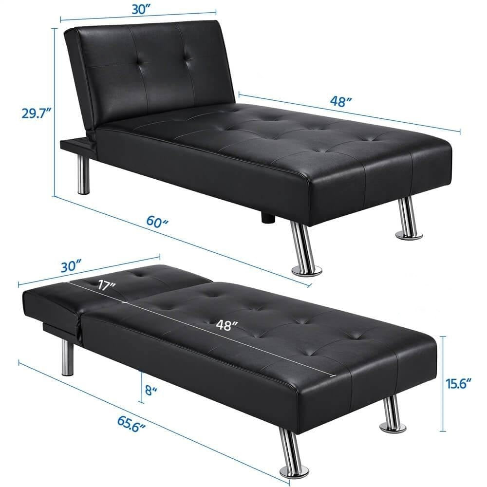 Black Modern Faux Leather Chaise Lounge Recliner Sleeper Sofa Image 5