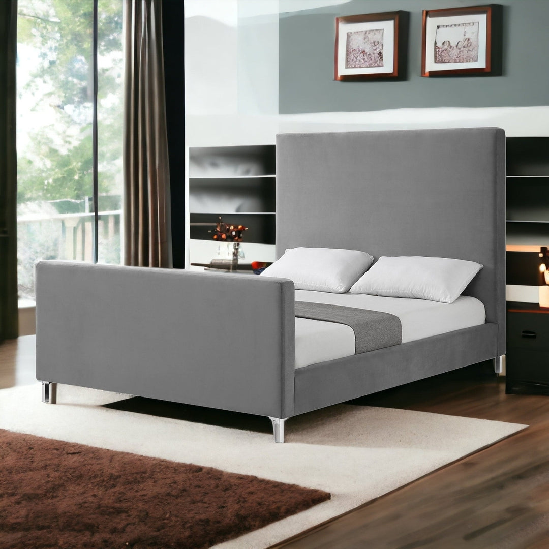 Gray Solid Wood Queen Upholstered Velvet Bed Image 2