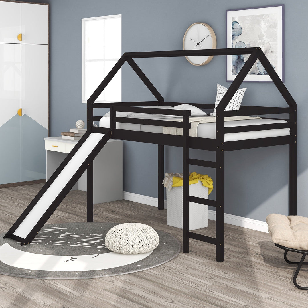 Brown Twin Size Slide House Loft Bed Image 1