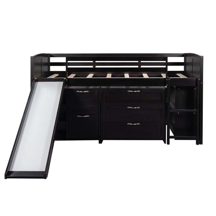 Brown Twin Size Low Loft Bed With Cabinets and Slide Image 7