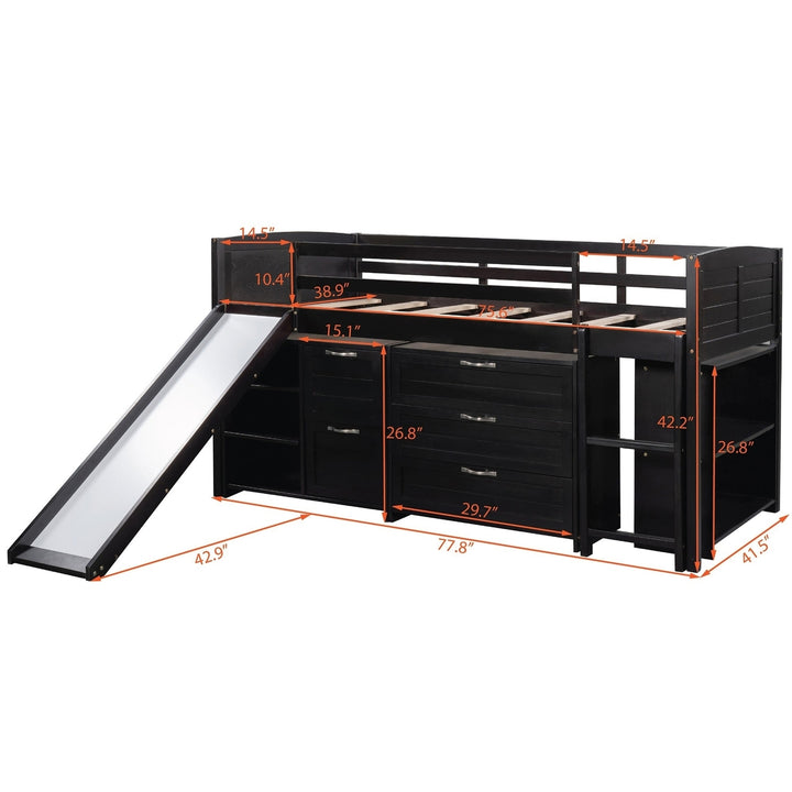 Brown Twin Size Low Loft Bed With Cabinets and Slide Image 8