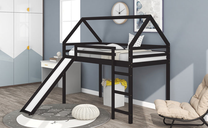 Brown Twin Size Slide House Loft Bed Image 4