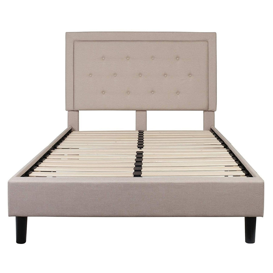 Full Beige Fabric Upholstered Platform Bed Frame with Tufted Headboard Image 1