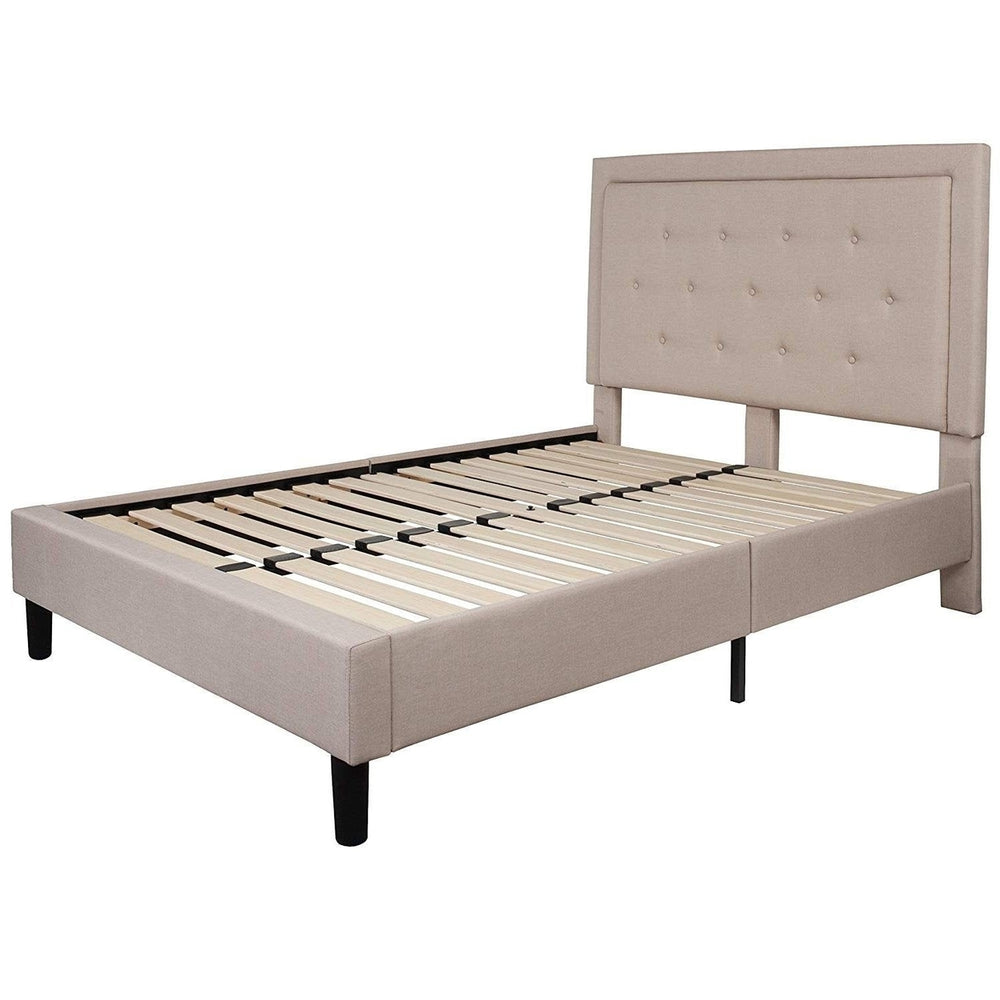 Full Beige Fabric Upholstered Platform Bed Frame with Tufted Headboard Image 2