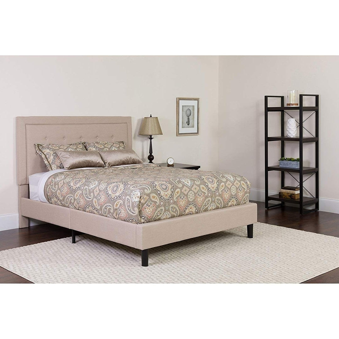 Full Beige Fabric Upholstered Platform Bed Frame with Tufted Headboard Image 3