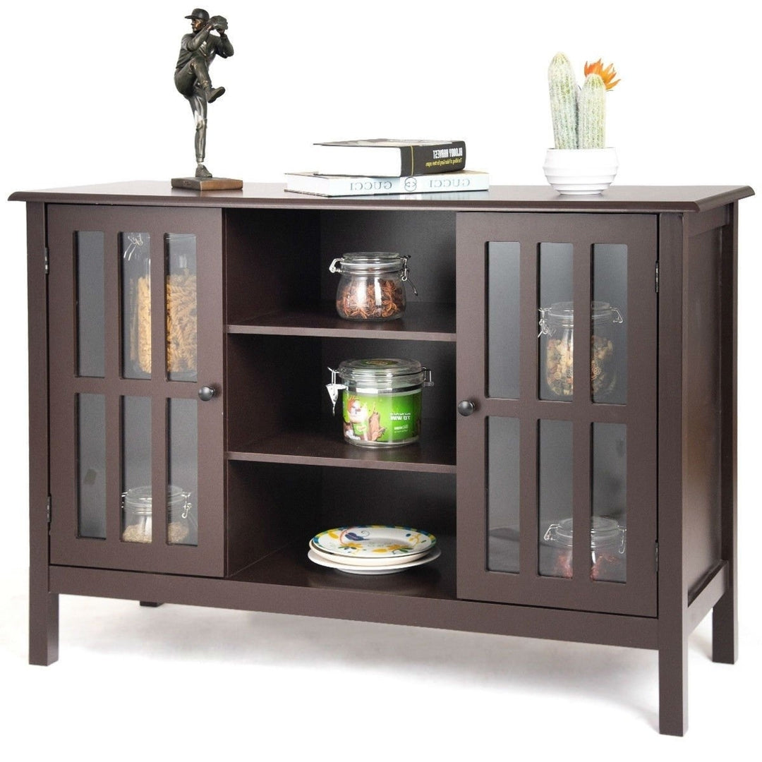 Brown Wood Sofa Tale Console Cabinet with Tempered Glass Panel Doors Image 1