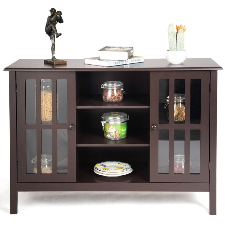 Brown Wood Sofa Tale Console Cabinet with Tempered Glass Panel Doors Image 2