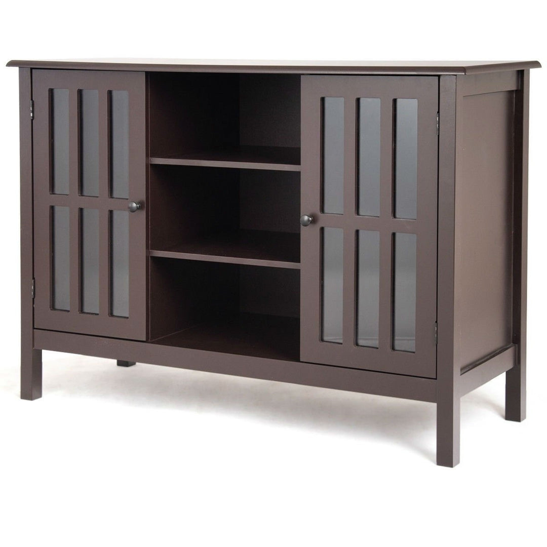 Brown Wood Sofa Tale Console Cabinet with Tempered Glass Panel Doors Image 3