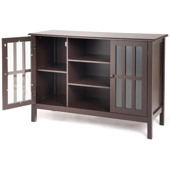 Brown Wood Sofa Tale Console Cabinet with Tempered Glass Panel Doors Image 4