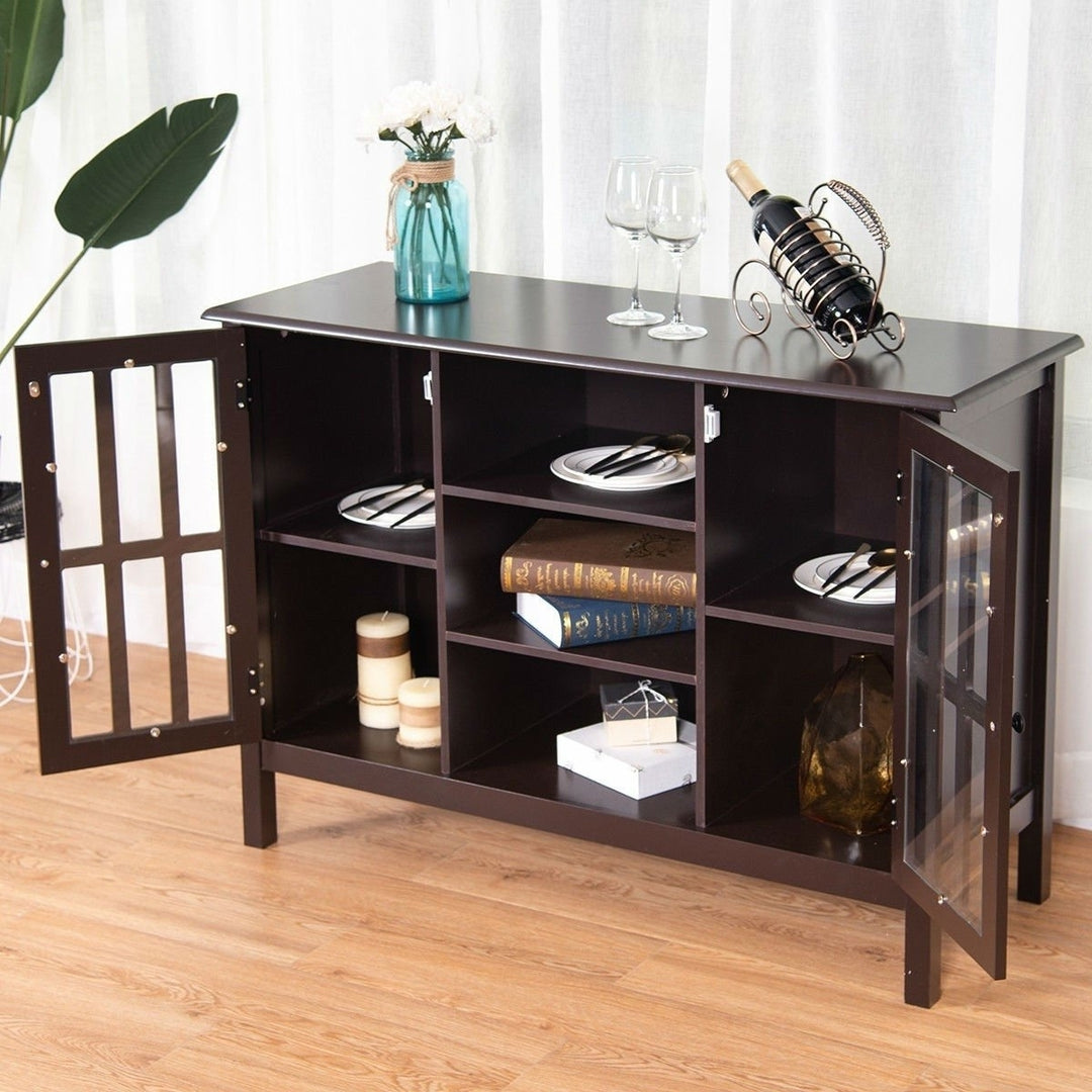 Brown Wood Sofa Tale Console Cabinet with Tempered Glass Panel Doors Image 5