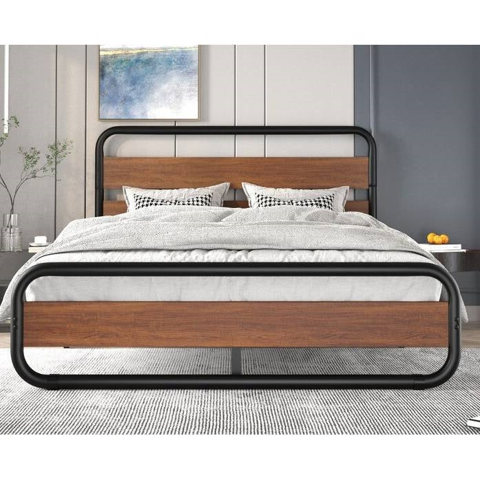 Full Heavy Duty Industrial Modern Metal Wood Platform Bed Frame with Headboard Image 1