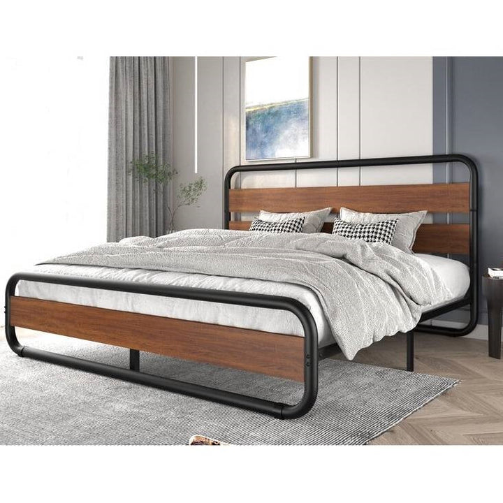 Full Heavy Duty Industrial Modern Metal Wood Platform Bed Frame with Headboard Image 2