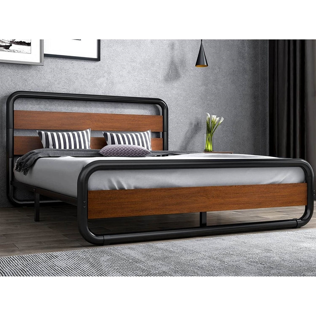 Full Heavy Duty Industrial Modern Metal Wood Platform Bed Frame with Headboard Image 3