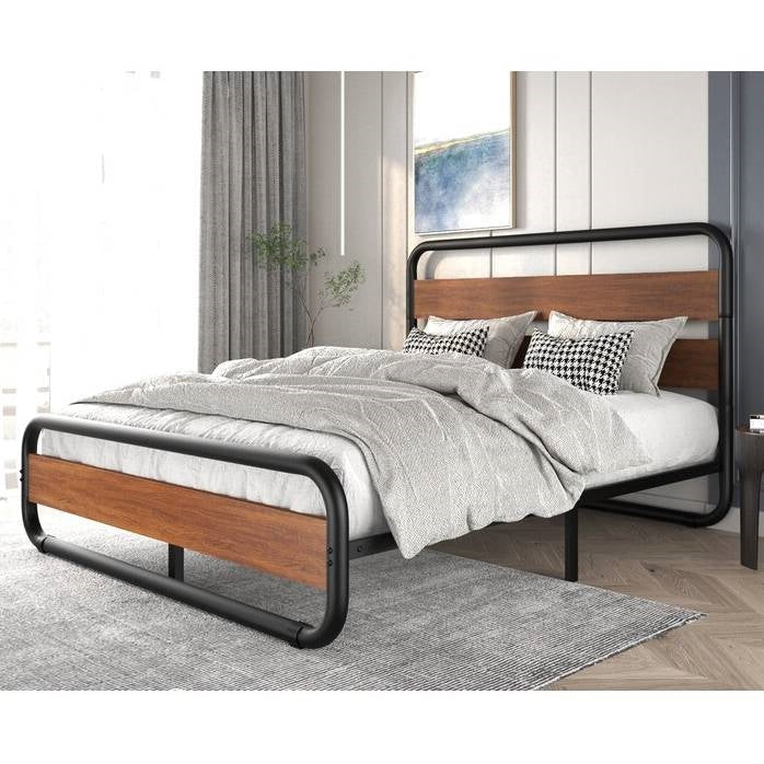 Full Heavy Duty Industrial Modern Metal Wood Platform Bed Frame with Headboard Image 4