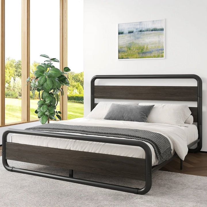 Full Heavy Duty Round Metal Frame Platform Bed with Black Wood Panel Headboard Image 1