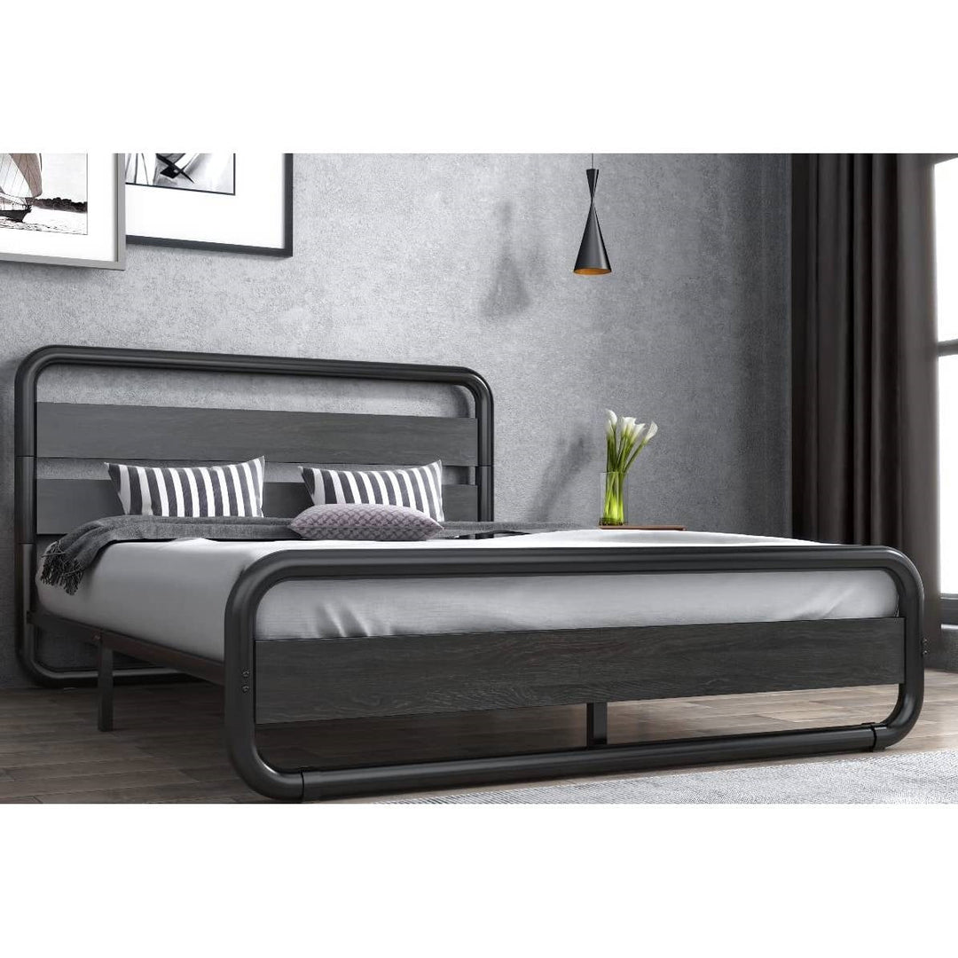 Full Heavy Duty Round Metal Frame Platform Bed with Black Wood Panel Headboard Image 2