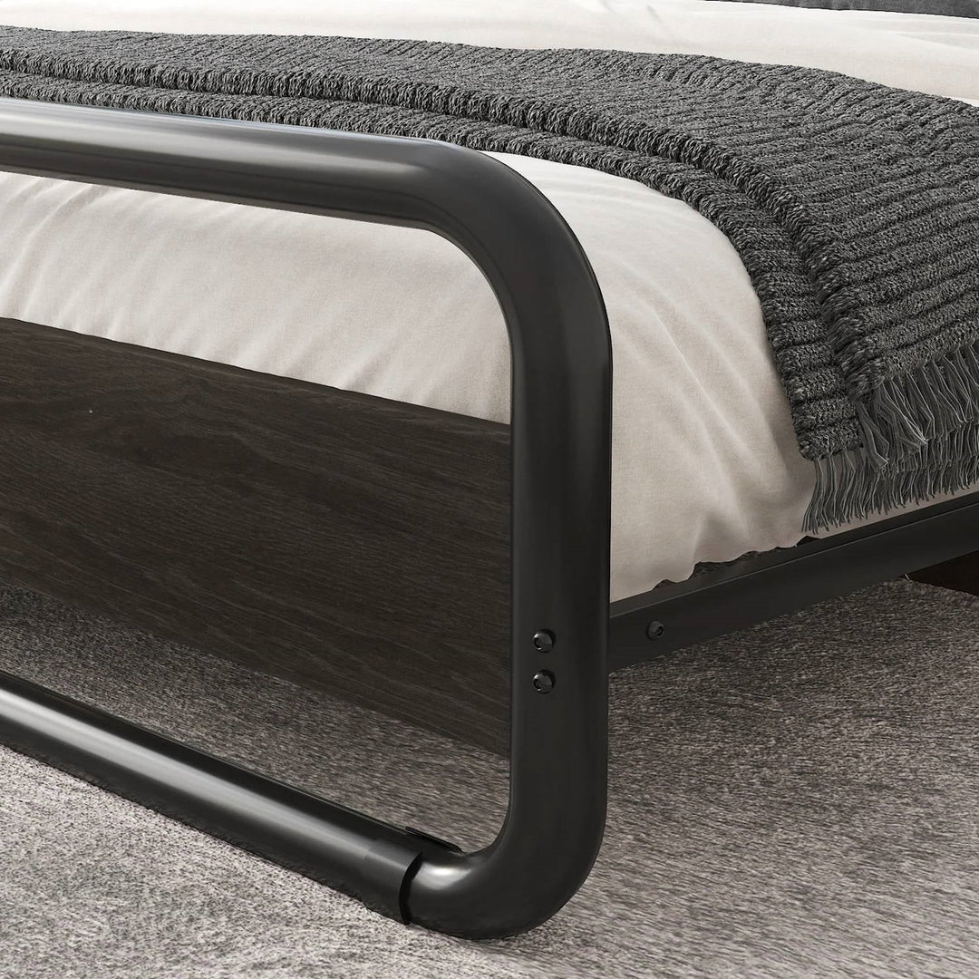 Full Heavy Duty Round Metal Frame Platform Bed with Black Wood Panel Headboard Image 3