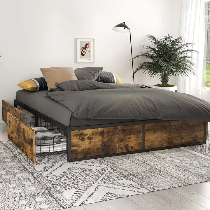 Full Metal Wood Platform Bed Frame with 4 Storage Drawers - 600 lbs Max Weight Image 3