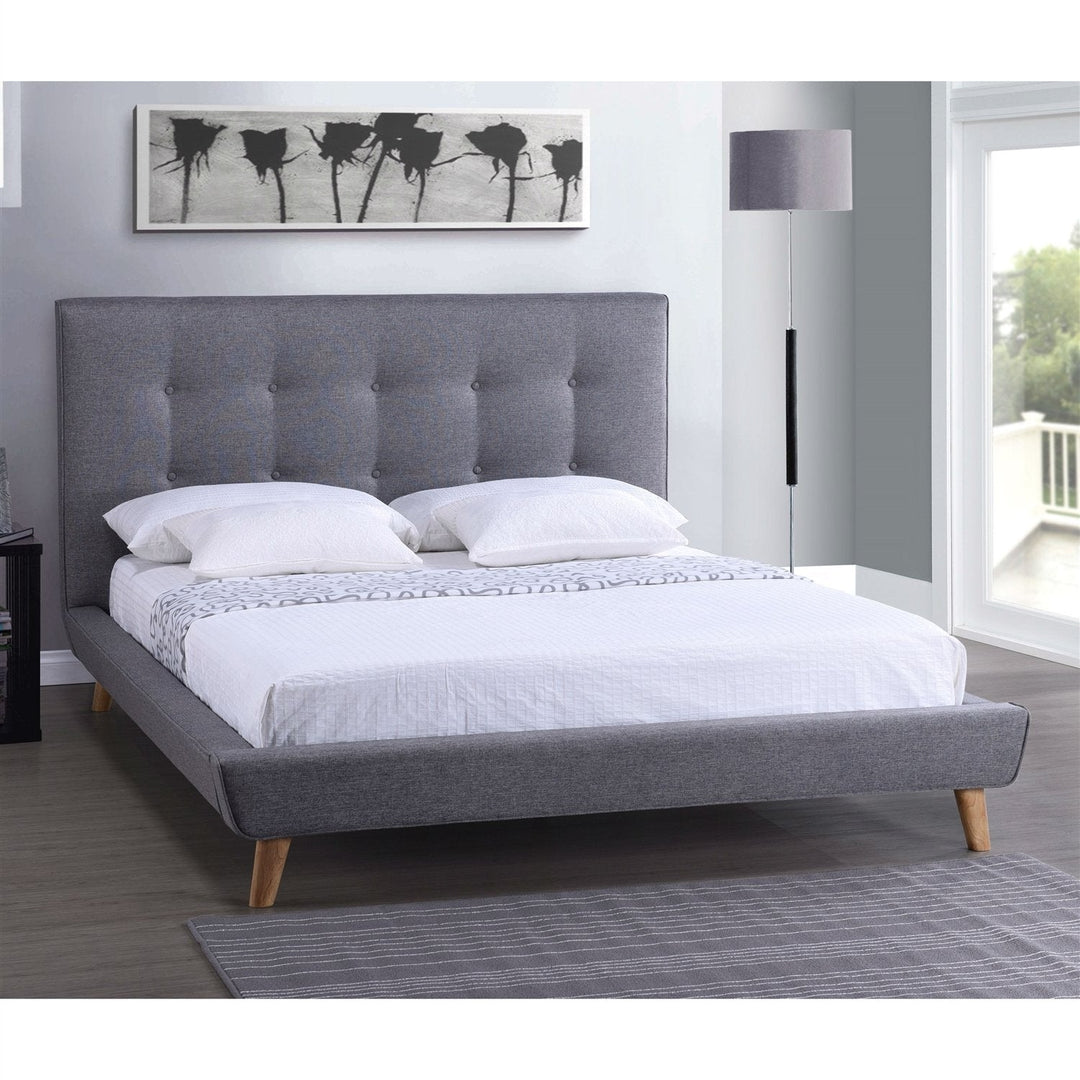 Full Modern Grey Linen Upholstered Platform Bed with Button Tufted Headboard Image 1