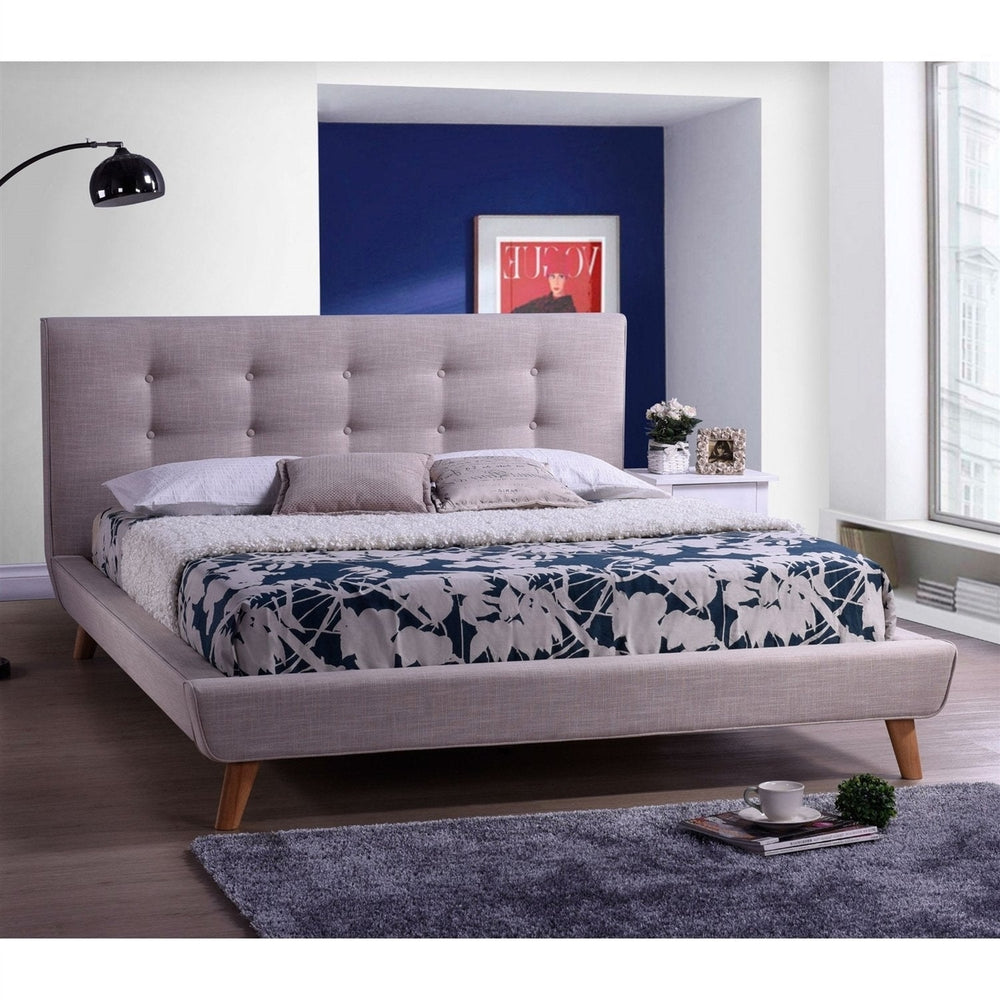 Full Modern Grey Linen Upholstered Platform Bed with Button Tufted Headboard Image 2