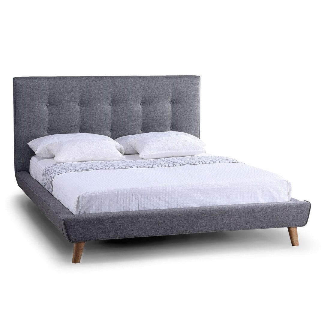 Full Modern Grey Linen Upholstered Platform Bed with Button Tufted Headboard Image 3