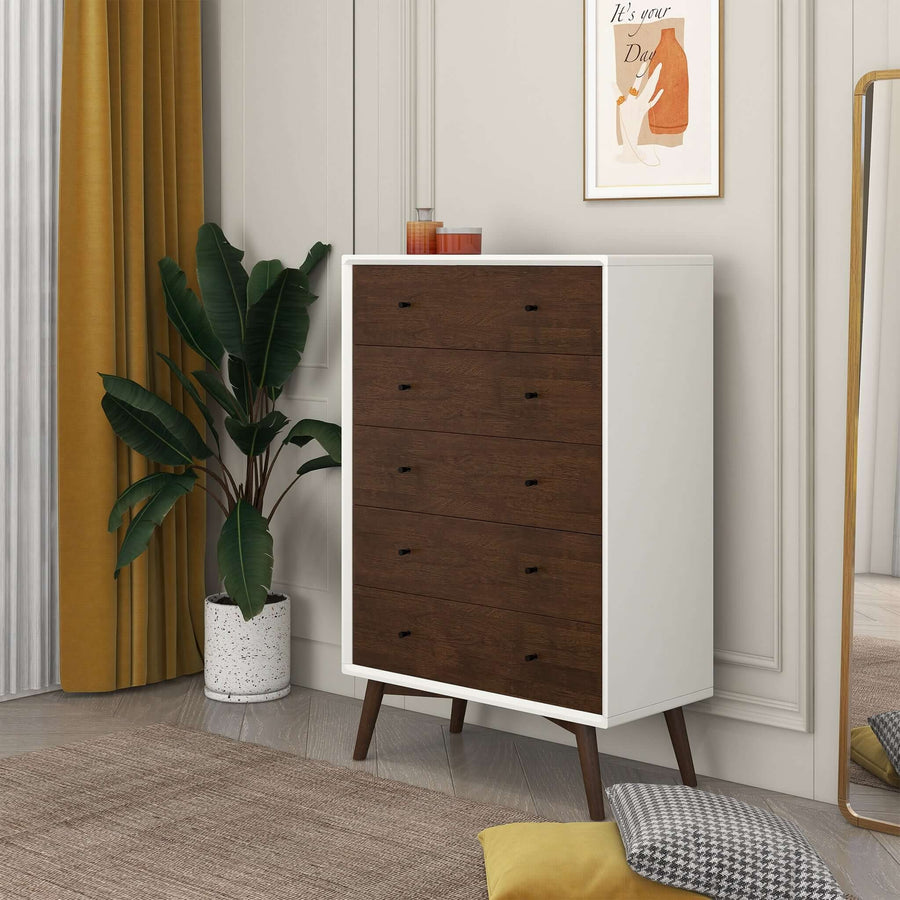 Caroline Mid Century Modern Solid Wood White Dresser 5-Drawer Image 1