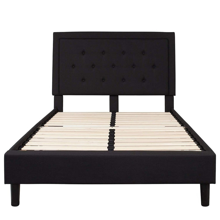 Full size Black Fabric Upholstered Platform Bed Frame with Headboard Image 2