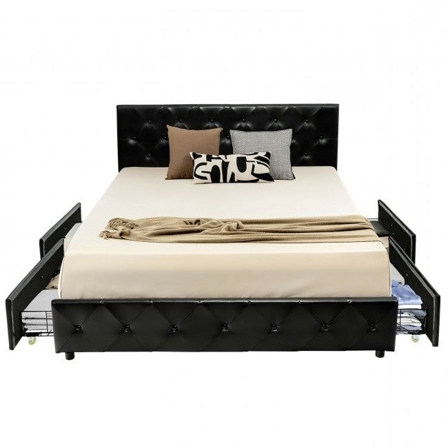 Full Size Black PU Leather Button Tufted Platform Bed with 4 Storage Drawers Image 1